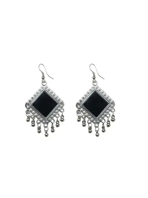 Silver Oxidized Intricate Pendant Necklace with Mirror Accents and Matching Earrings